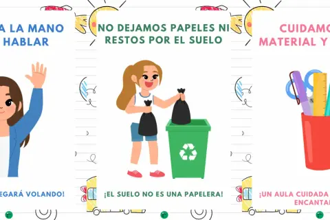 Normas de clase para imprimir: levanta la mano, no tires basura al suelo y cuida el material.
