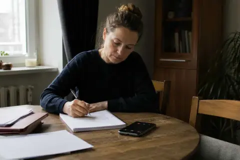 Kobieta pisze w zeszycie, obok leży telefon z aktywnym nagrywaniem rozmów.
