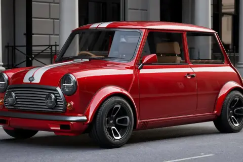 En röd Mini Cooper med vita racingränder, ser ut som en perfekt hundkoja för en liten hund.