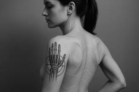 Ein detailliertes **Anatomie Tattoo** eines Skelett-Handknochens auf dem Oberarm einer Frau, umgeben von weißen Linien, die die Körperkonturen und Muskeln auf ihrem Rücken und Arm nachzeichnen.