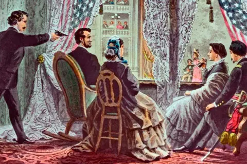 John Wilkes Booth skjuter Abraham Lincoln i teatern. Scenen visar hur dog Abraham Lincoln, en tragisk händelse i amerikansk historia.