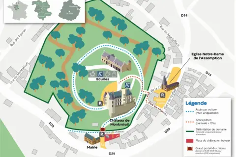 Plan du **Château de Montmirail** et de ses environs, incluant la mairie, l'église et les écuries. Le parcours est indiqué.
