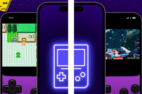 Tres teléfonos muestran juegos retro. El de la izquierda, un juego de rol con un zorro y una rana. El del medio, un icono de Game Boy. El de la derecha, un juego de plataformas con un oso rosa. El mejor emulador GBA Android para revivir estos clásicos.