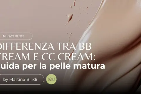Guida per la pelle matura: scopri la differenza tra BB cream e CC cream. Texture cremosa e gocce di prodotto su sfondo nude.