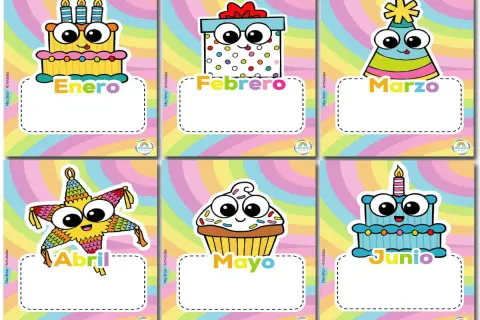 Tarjetas de los meses del año para imprimir: Enero (pastel), Febrero (regalo), Marzo (gorro), Abril (piñata), Mayo (cupcake), Junio (pastel azul).