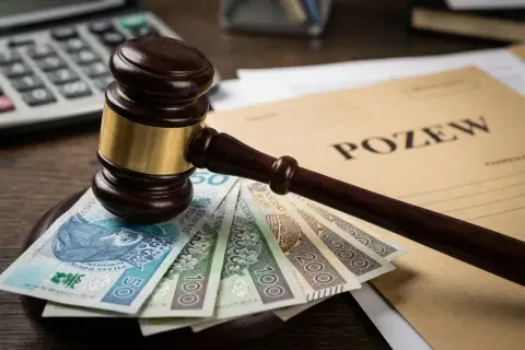 Młotek sędziowski na banknotach i dokumentach z napisem "POZEW". Zastanawiasz się, ile kosztuje złożenie pozwu?