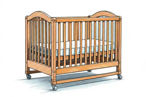 Cuna de madera con ruedas y colchón azul. Un lugar seguro para que los bebés duerman, como un "crib" en inglés.