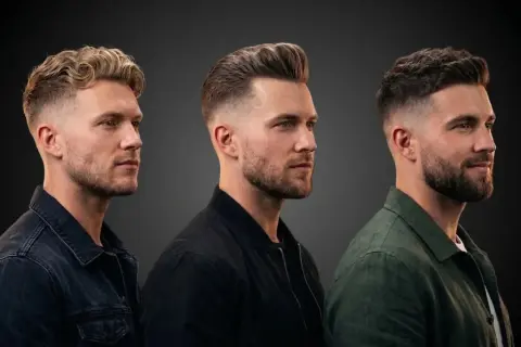 Trois hommes présentent des coupes de cheveux modernes avec un court barbe homme dégradé, allant du blond ondulé au brun texturé.