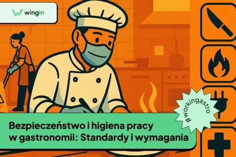 Kucharz w masce i fartuchu, pracownik sprzątający kuchnię. Ilustracja podkreśla dobrą praktykę higieniczną w gastronomii.