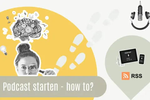 Ideen für deinen Podcast: Gehirn mit Zahnrädern, Glühbirne, Lupe und Mikrofon. So kannst du deinen Podcast selber machen.