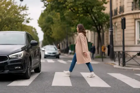 Une femme traverse sur un passage piéton, une voiture noire s'approche, risquant un refus de priorité piéton.