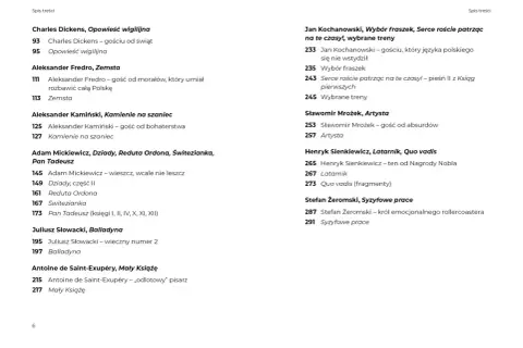 Spis treści: Pan Tadeusz, rodzaj literacki epika, Mickiewicz. Inne dzieła: Dickens, Fredro, Słowacki, Saint-Exupéry, Kochanowski, Mrożek, Sienkiewicz, Żeromski.