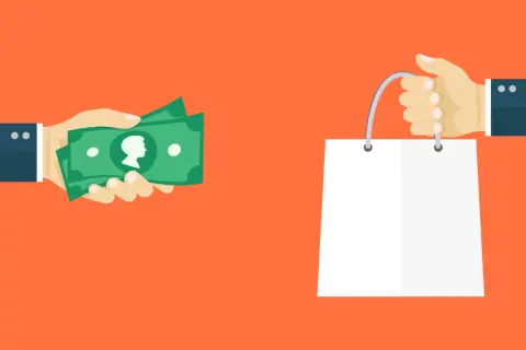 Manos intercambian dinero por una bolsa de compras. El **unique selling proposition en español** se logra al destacar el valor de la transacción.