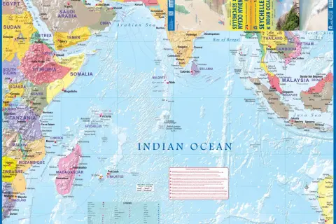 Mapa Oceanu Indyjskiego z zaznaczonymi krajami Afryki, Azji i wyspami. Widoczne andy góry.