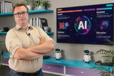 Mężczyzna w okularach prezentuje, jak zarabiać na sztucznej inteligencji, pokazując jej zastosowania w biznesie i edukacji na ekranie.