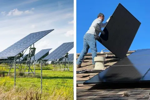 Panele fotowoltaiczne w ogrodzie i na dachu domu. Montaż paneli słonecznych to krok ku zielonej energii.