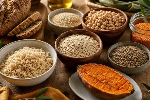 Pain, riz brun, flocons d'avoine, lentilles, pois chiches, patate douce : voilà ce que sont les glucides, source d'énergie.