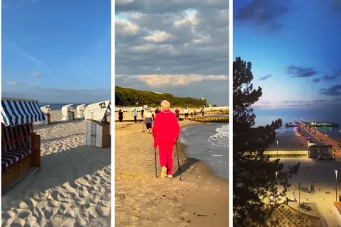 Słoneczna plaża, spacerująca seniorka z kijkami, wieczorny molo. Idealny "perła bałtyku pakiet seniora".