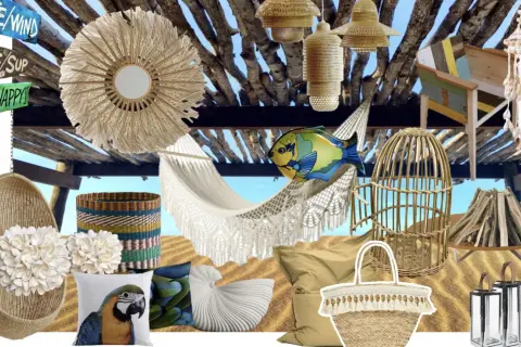 Inspiration pour la deco cabane de plage : hamac, coussins, paniers, lanternes, miroir en rotin, et un poisson coloré.