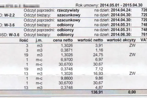 Fragment rachunku PGNiG z danymi gazomierzy, odczytami i opłatami.