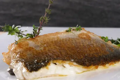 Perfekt gegrillter Wolfsbarsch mit knuspriger Haut und frischen Kräutern, ein Genuss für alle Sinne.