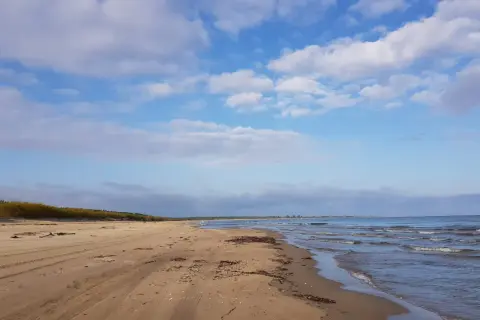 Pusta plaża nad Bałtykiem, gdzie fale delikatnie obmywają brzeg. To właśnie tu, dzięki licznym rzekom i niewielkiemu parowaniu, dowiadujemy się, dlaczego Bałtyk jest mało zasolony.