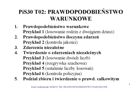 Slajd z wykładu o prawdopodobieństwie warunkowym, zawierający spis treści z przykładami, np. losowanie rodzin z dziećmi.