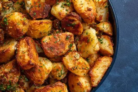 En skål med gyllene, krispiga potatis i ugn, strödda med färsk persilja. Perfekt som tillbehör till middagen.