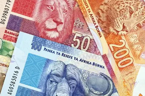 Różne banknoty, w tym waluta RPA, z wizerunkami zwierząt: lwa, lamparta i bawołu.