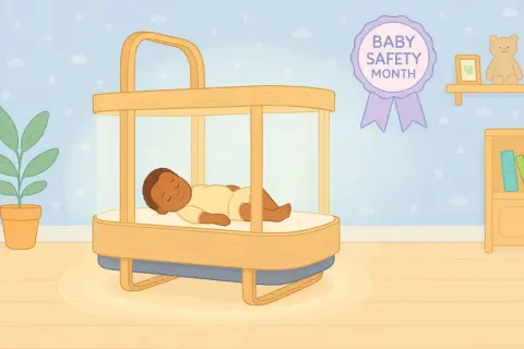 A baby sleeps soundly in a safe, modern bed. This illustration celebrates Baby Safety Month, reminding us to prioritize our little ones' well-being.