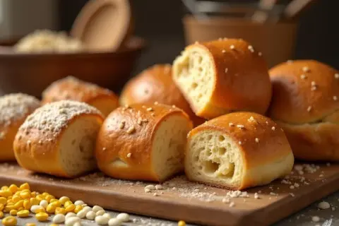 Petits pains dorés, certains saupoudrés de graines, d'autres de miettes fines. La mie aérée suggère une texture légère, peut-être grâce à l'amidon modifié.