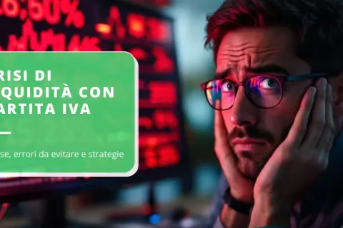 Uomo preoccupato guarda schermo con grafici, testo "Crisi di liquidità con partita IVA: cause, errori da evitare e strategie".