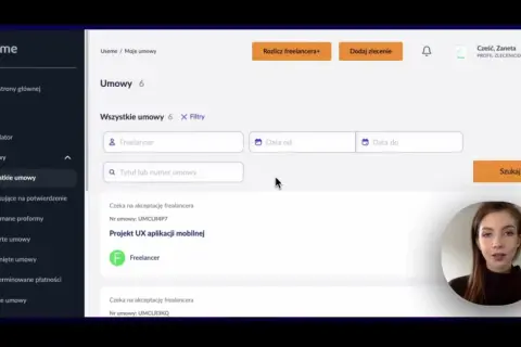 Panel zarządzania umowami dla freelancera. Widoczne filtry wyszukiwania, lista umów i zdjęcie użytkowniczki.