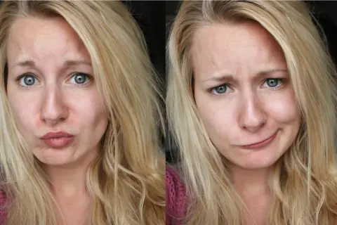 Två närbilder på en kvinna med blont hår. Hon gör olika miner, kanske för att visa resultatet av att blondera håret hemma.