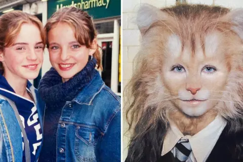 Två unga tjejer, en som påminner om Emma Watson i tidiga filmer, och en kattmänniska i kostym.