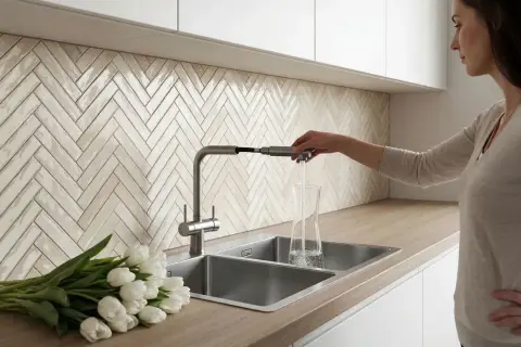 Une femme remplit un verre d'eau dans un évier de cuisine moderne. Lequel est la meilleure matière pour un évier de cuisine ? Le métal semble pratique.