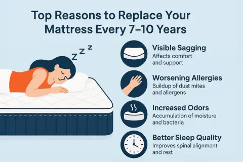 A woman sleeps soundly on a mattress, illustrating why 7-10 years is how old is too old for a mattress due to sagging, allergies, and odors.