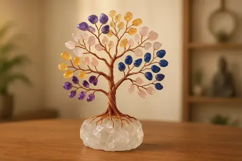 Árbol de la vida con ramas de alambre y hojas de piedras semipreciosas de colores. La base es una gran piedra de cuarzo. Un detalle decorativo para poner piedras alrededor de un árbol.