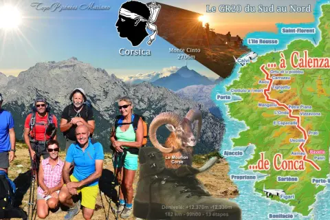 Groupe de randonneurs sur le GR20 en Corse, avec une carte de l'île et un mouflon. Le parcours légendaire du GR20 est bien visible.