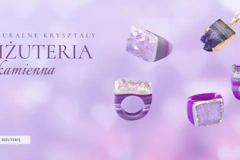 Biżuteria z naturalnych kryształów: pierścionki i naszyjnik z ametystem.