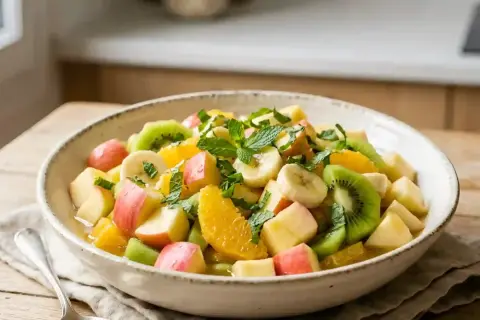 Un bol de salade de fruits d'été colorée avec des morceaux de kiwi, d'orange, de banane et de pomme, garnie de menthe fraîche.