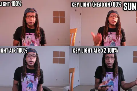 Four shots compare ring light vs panel light setups. A man with dreadlocks and glasses is shown in each, with different lighting conditions and percentages displayed.