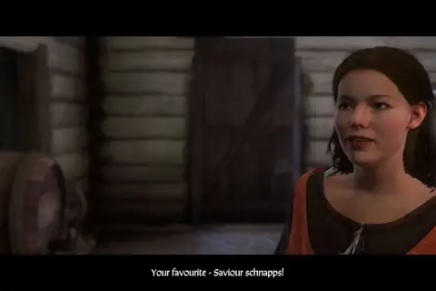 Młoda kobieta w karczmie, scena z gry Kingdom Come Deliverance. Poradnik do gry podpowiada, jak zdobyć ulubiony trunek.