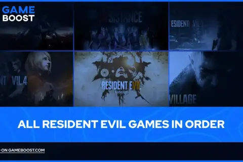 Kolekcja okładek gier Resident Evil, od klasyków po nowsze odsłony, prezentująca serię Resident Evil po kolei.