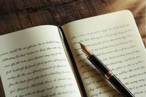 Otwarty notatnik z ręcznie pisanym tekstem, na którym leży pióro wieczne. Wiersz biały, pełen literackich inspiracji.