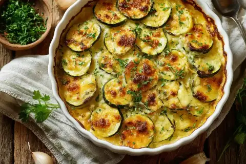 Ein goldbraun gebackener Zucchini-Auflauf mit Käse überbacken, garniert mit frischer Petersilie.