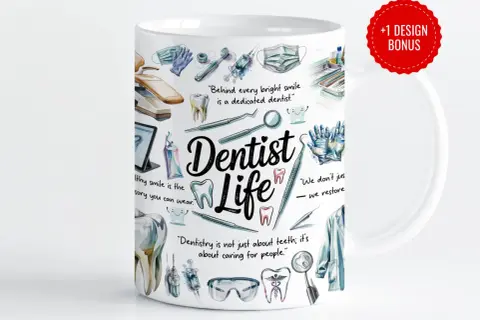Kubek z motywem "Dentist Life" na dzień dentysty. Ilustracje narzędzi, zębów i cytaty o pracy dentystów.