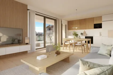 Un salón-comedor moderno con paredes de madera, sofá gris, mesa de centro de madera y cocina integrada. Un espacio acogedor para tu área casa.