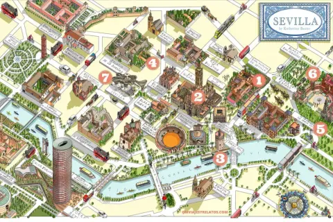 Mapa ilustrado de Sevilla con puntos de interés como el Real Alcázar, la Catedral y la Plaza de España. ¡Descubre las cosas que ver en Sevilla!