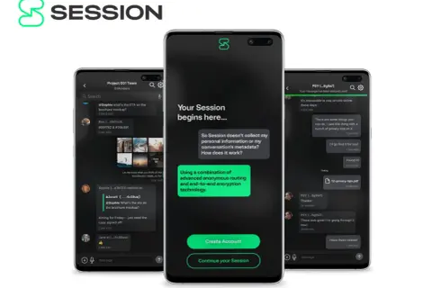 Trzy telefony prezentujące aplikację komunikator Session. Widoczne ekrany czatów i ekran powitalny z informacją o prywatności.
